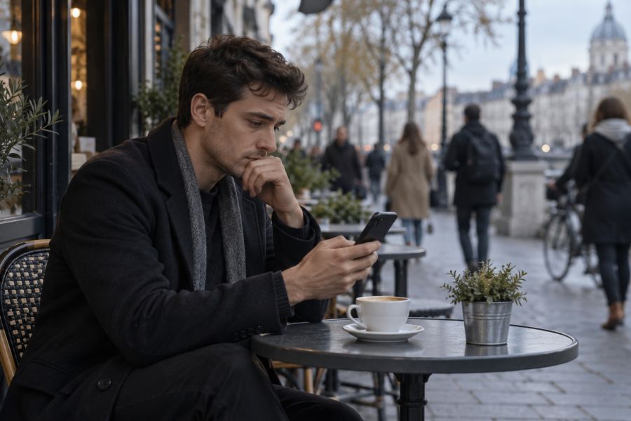 Muž v kavárně čeká na odpověď na telefonu.